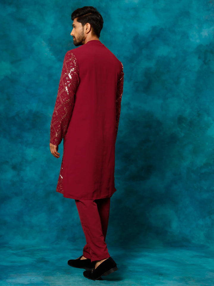 VM Men's Maroon Embellished Georgette Kurta Pyjama Set