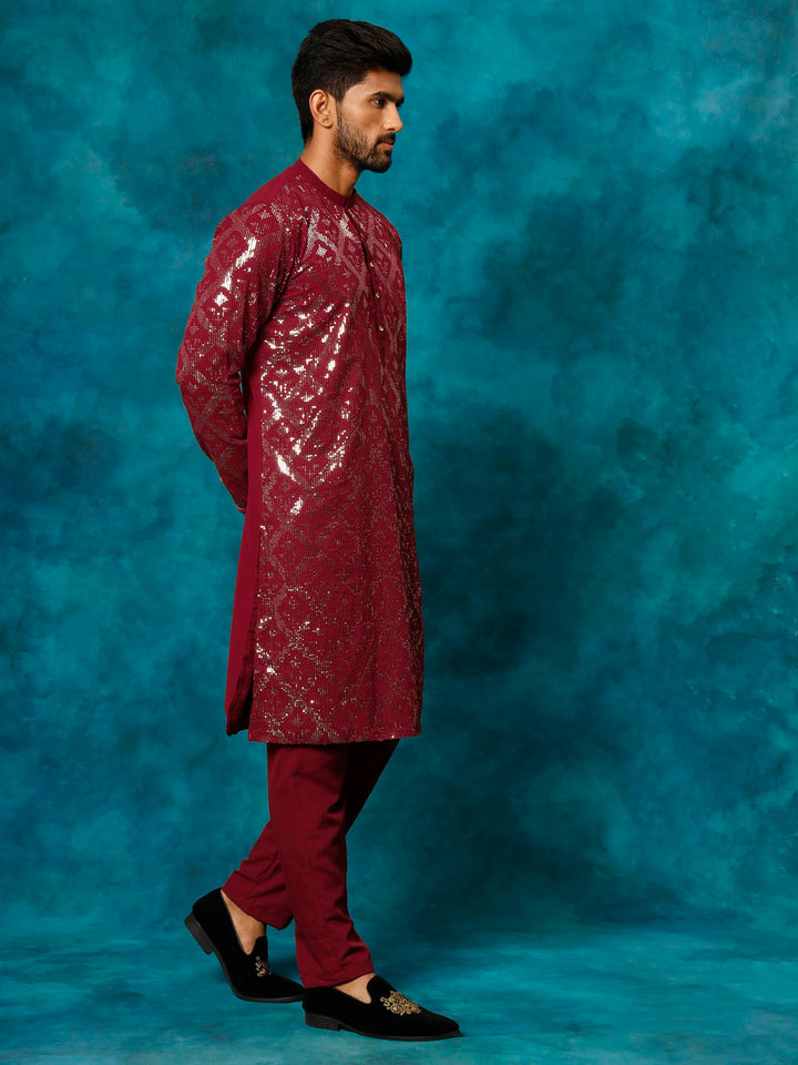 VM Men's Maroon Embellished Georgette Kurta Pyjama Set