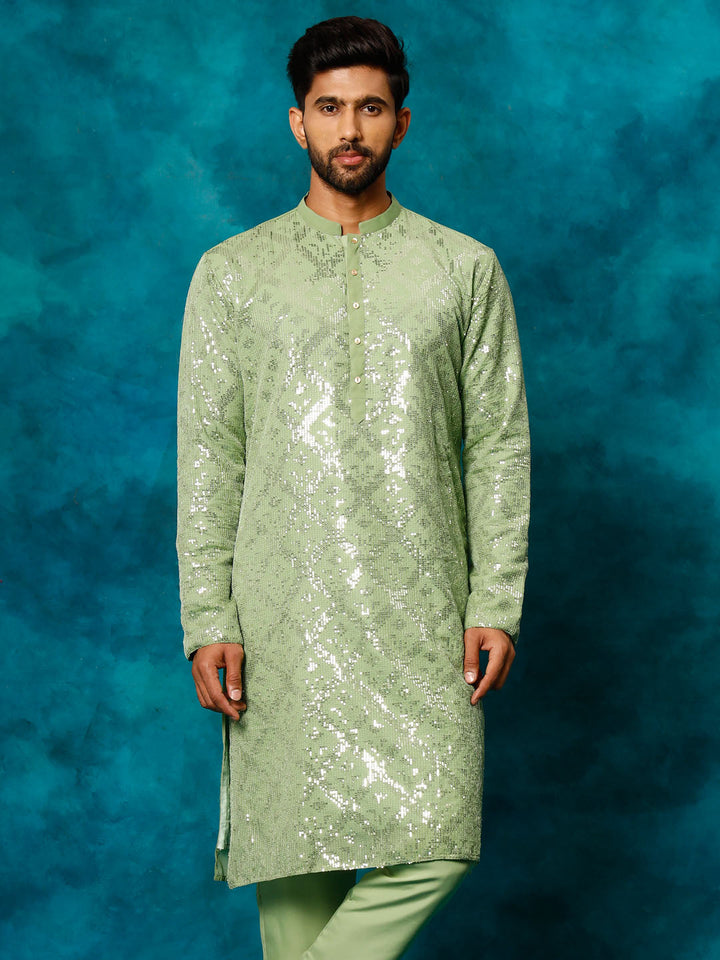 VM By Vastramay Men's Mint Green Embellished Georgette Kurta