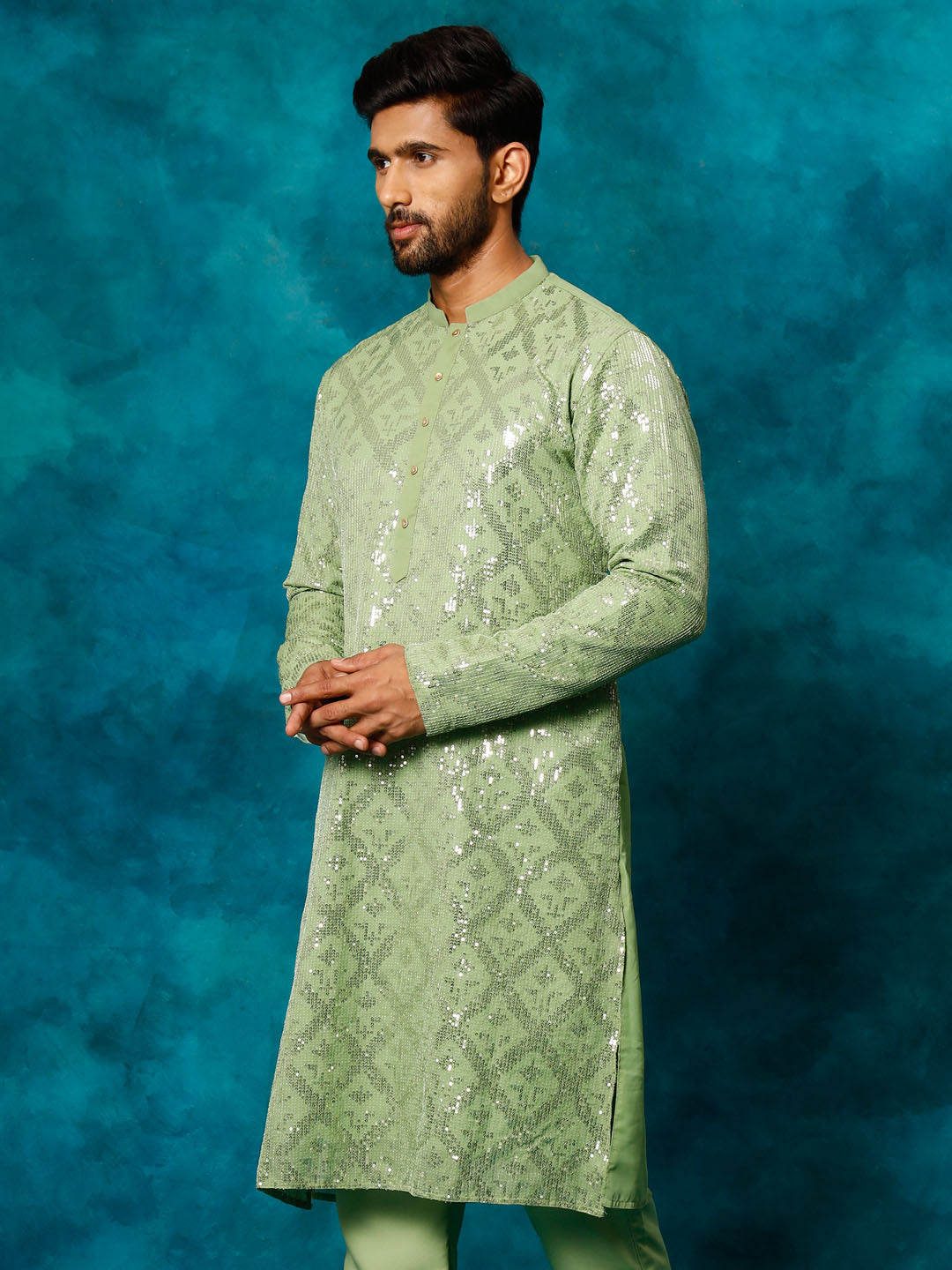 VM By Vastramay Men's Mint Green Embellished Georgette Kurta