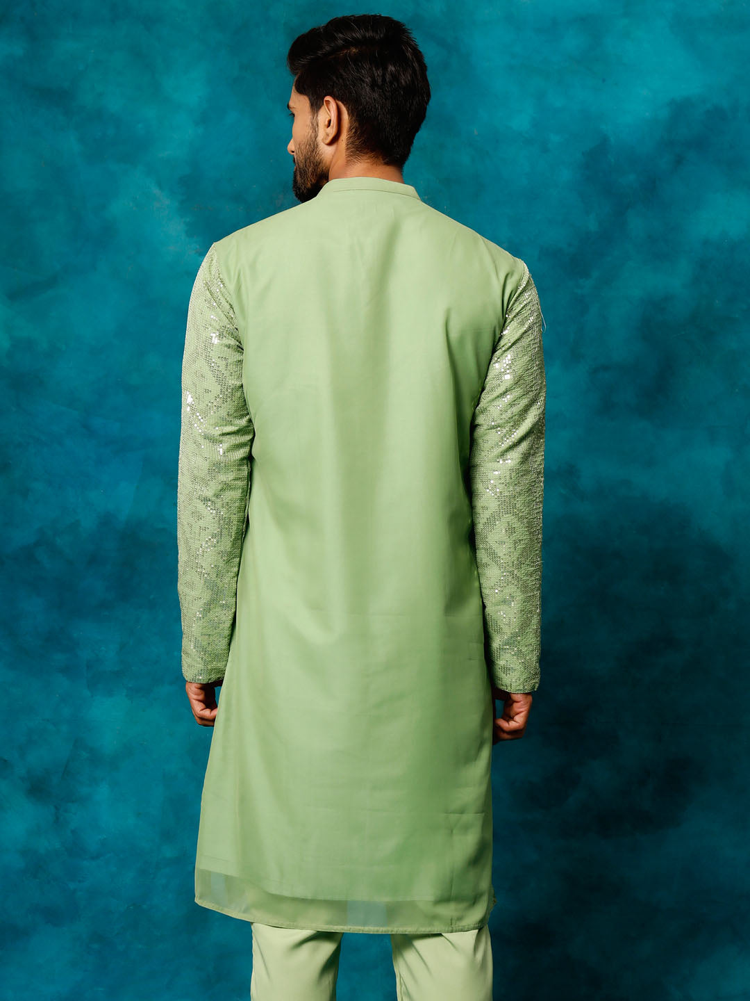 VM By Vastramay Men's Mint Green Embellished Georgette Kurta