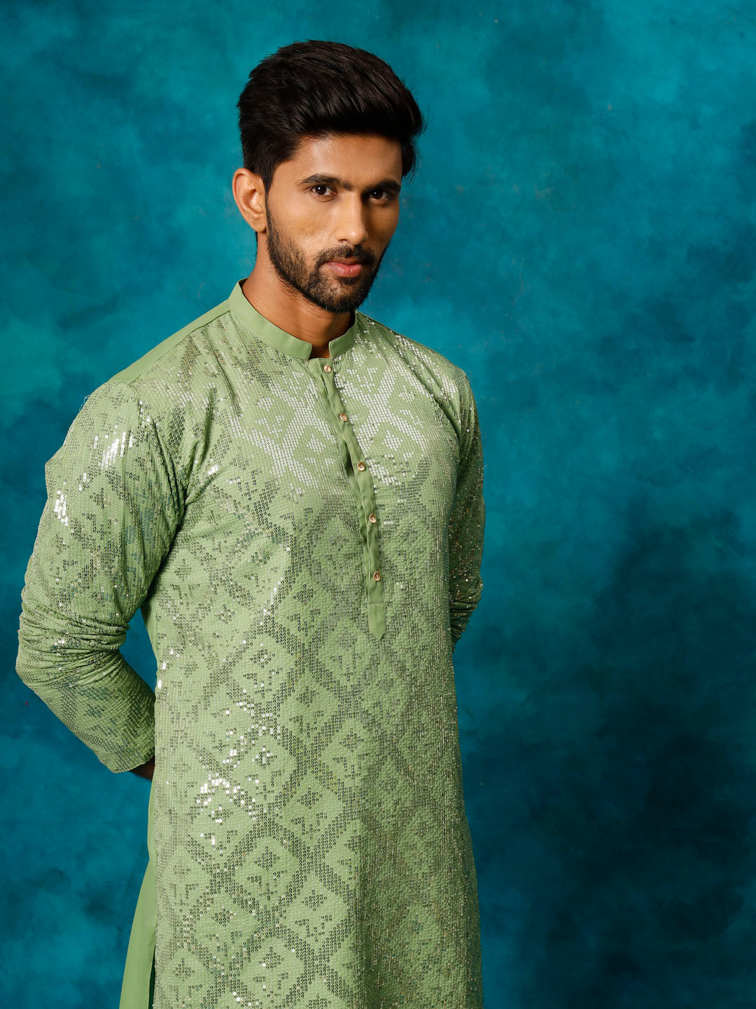 VM By Vastramay Men's Mint Green Embellished Georgette Kurta