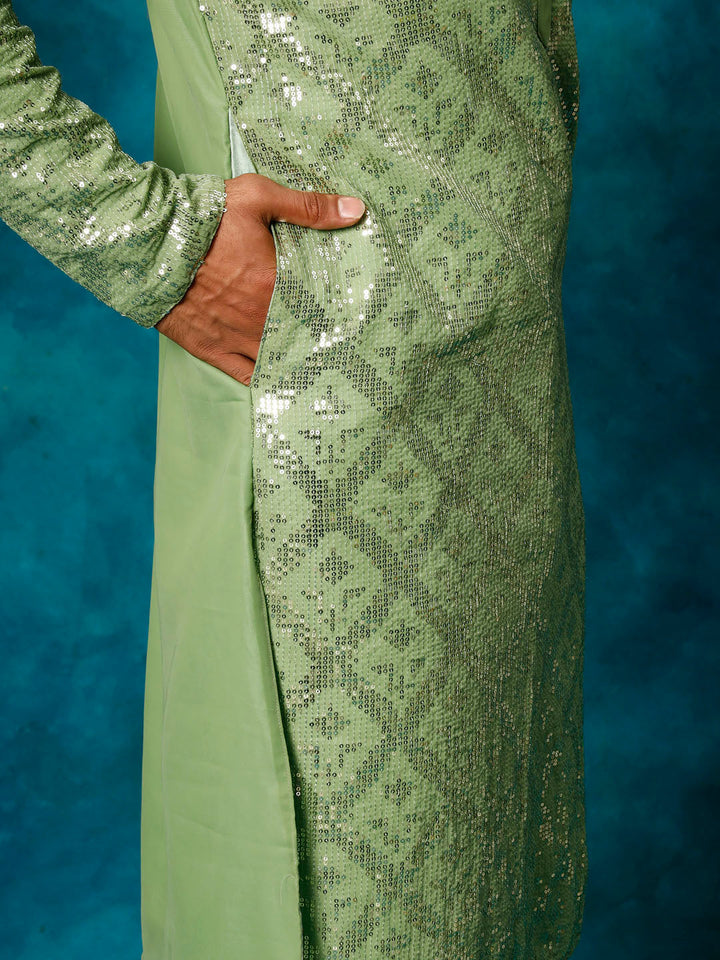 VM By Vastramay Men's Mint Green Embellished Georgette Kurta