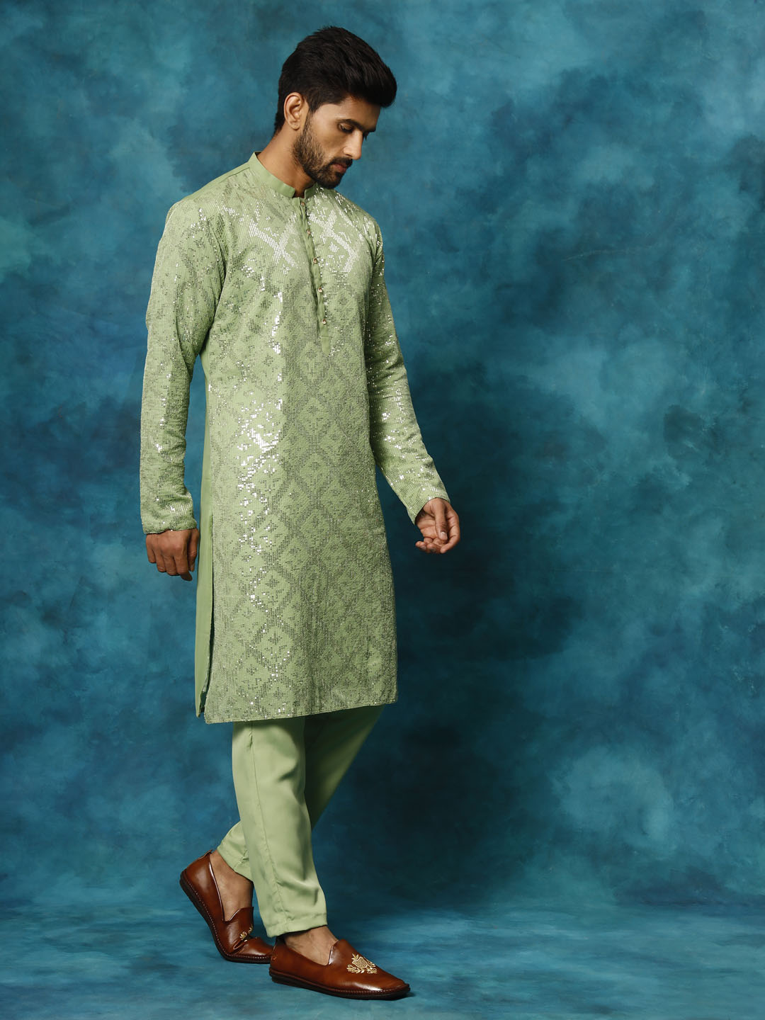 VM By Vastramay Men's Mint Green Embellished Georgette Kurta