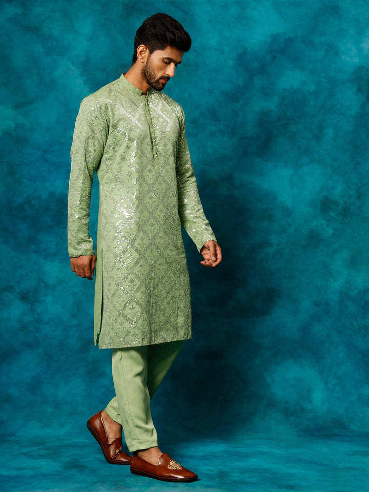 VM By Vastramay Men's Mint Green Embellished Georgette Kurta