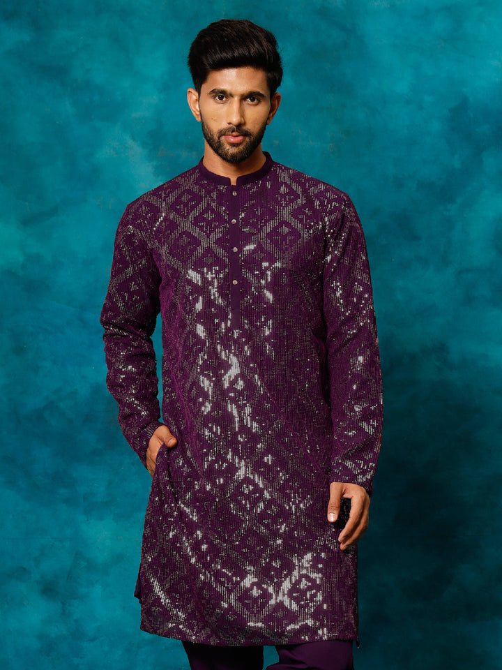 VM By Vastramay Men's Purple Embellished Georgette Kurta