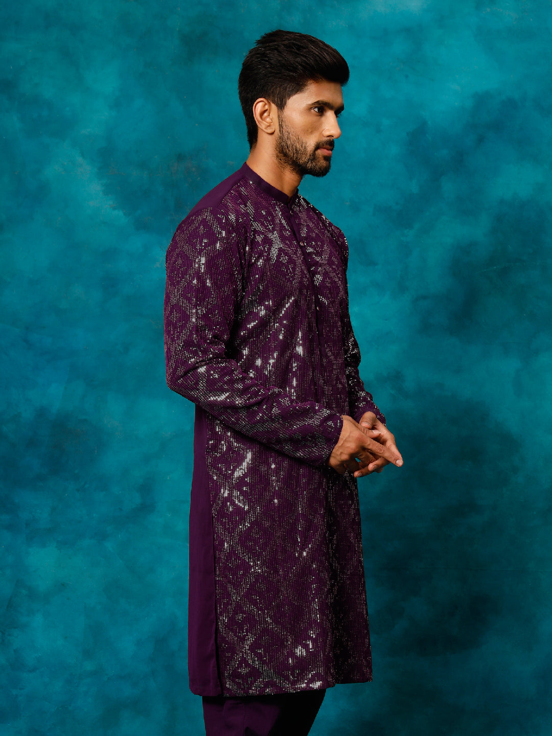 VM By Vastramay Men's Purple Embellished Georgette Kurta