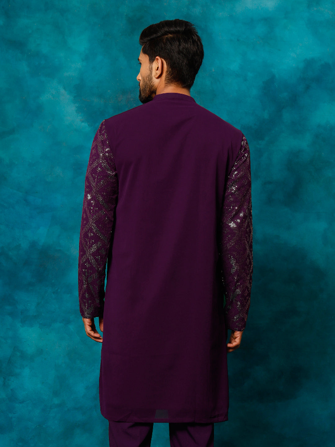 VM By Vastramay Men's Purple Embellished Georgette Kurta