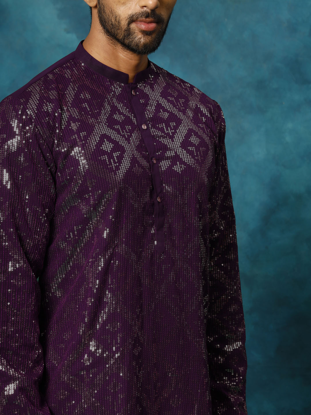 VM By Vastramay Men's Purple Embellished Georgette Kurta