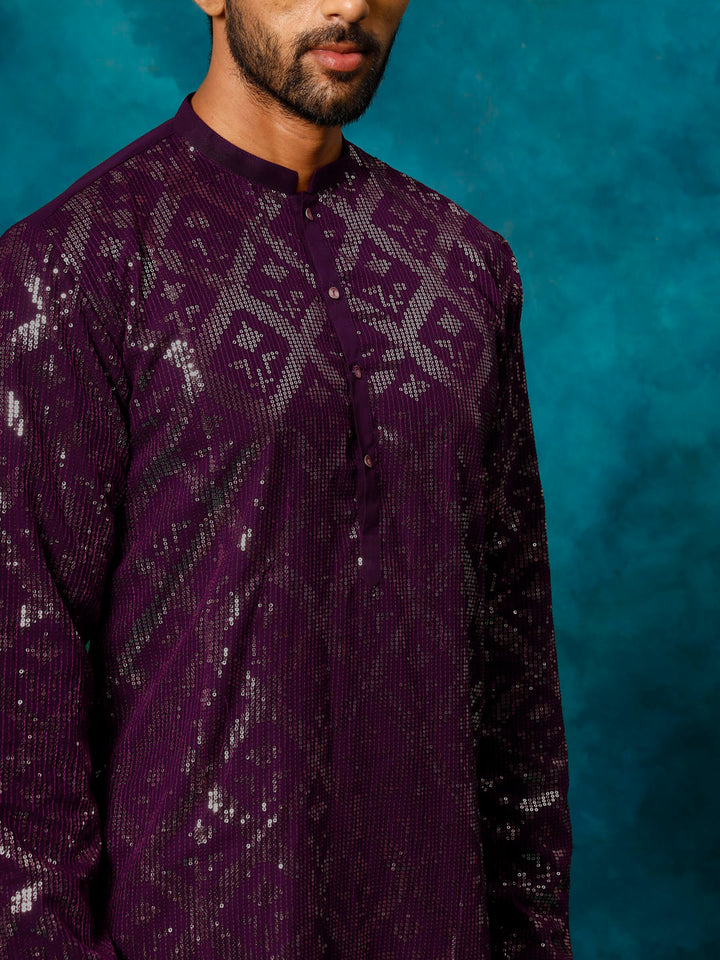 VM By Vastramay Men's Purple Embellished Georgette Kurta