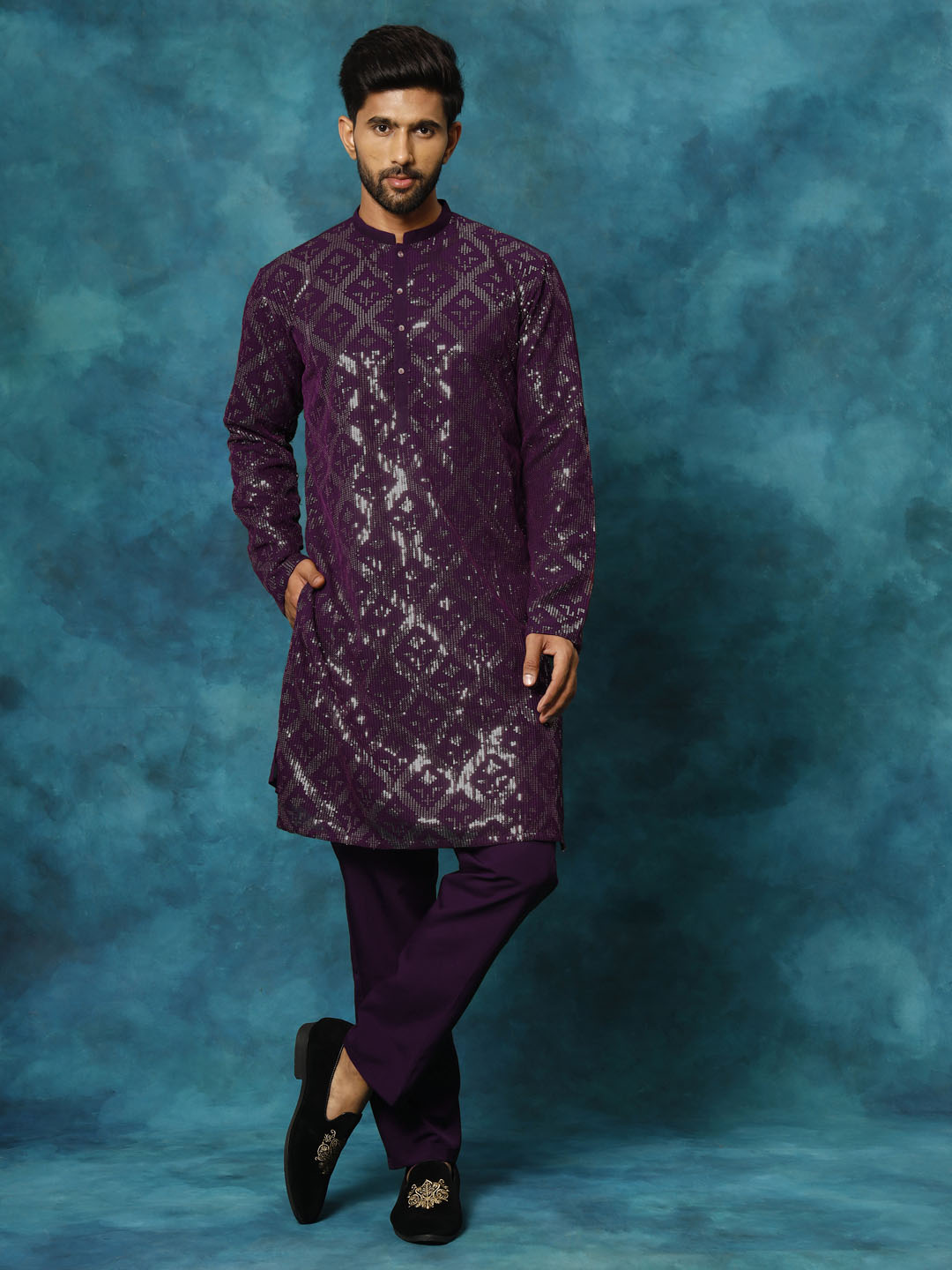 VM By Vastramay Men's Purple Embellished Georgette Kurta