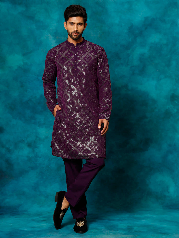 VM By Vastramay Men's Purple Embellished Georgette Kurta