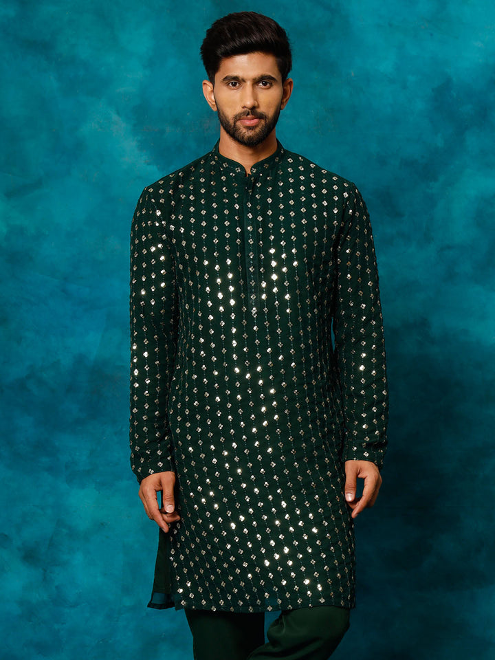 VM By VASTRAMAY Men's Green Georgette Sequins Kurta