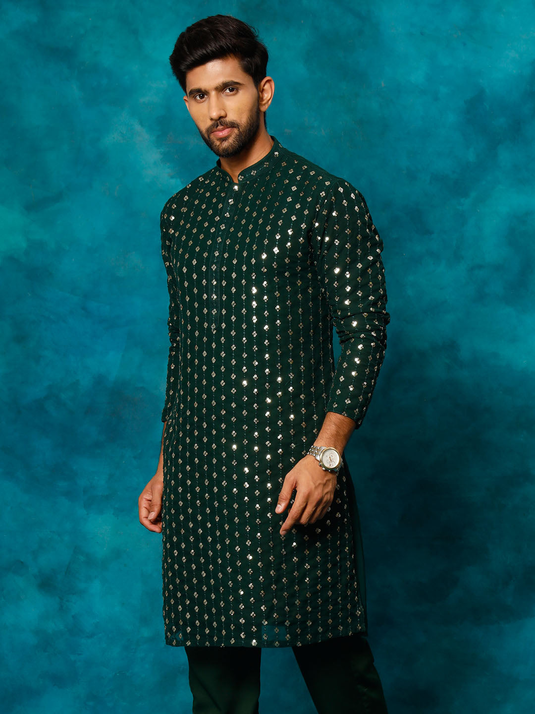 VM By VASTRAMAY Men's Green Georgette Sequins Kurta