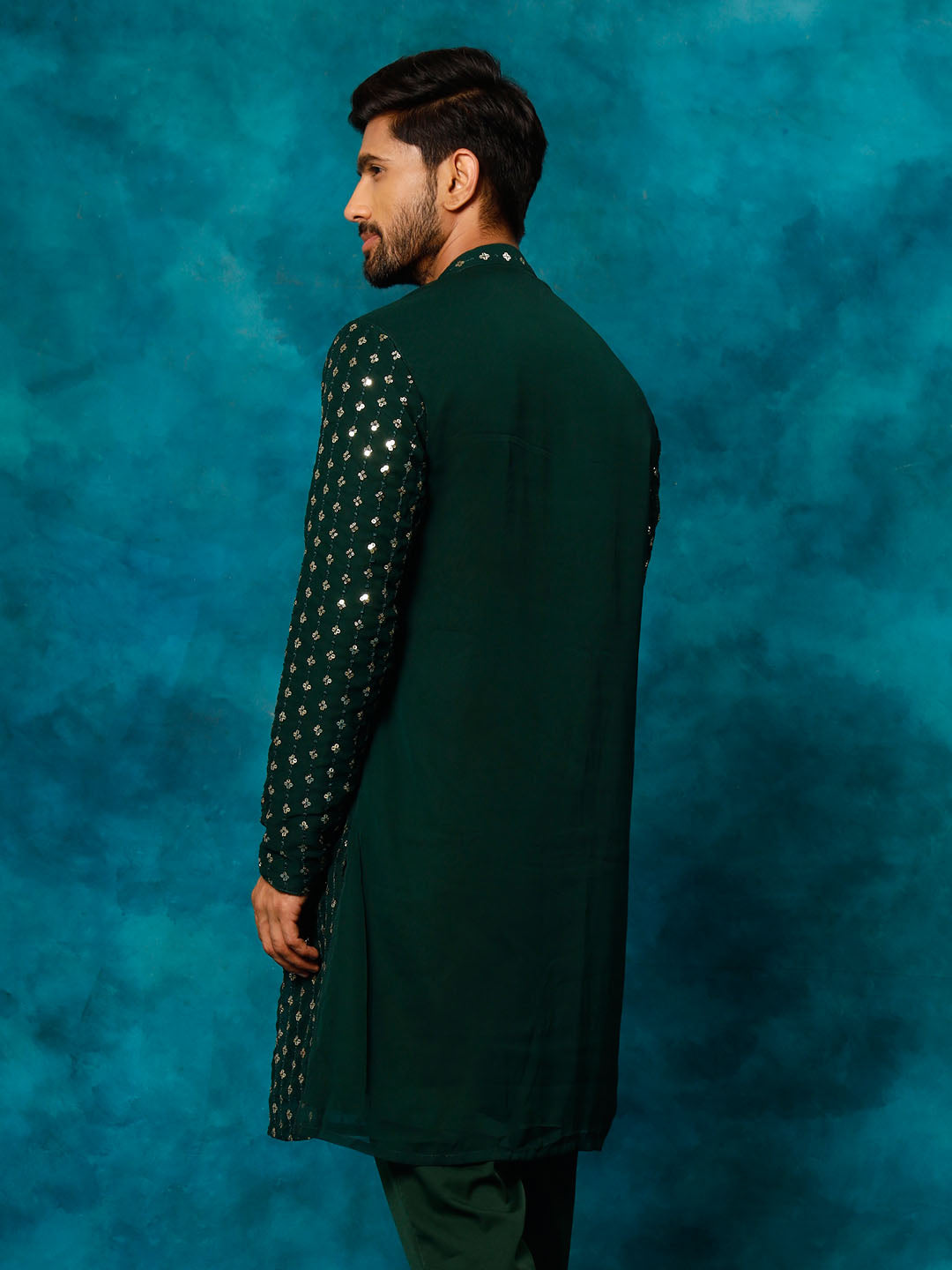 VM By VASTRAMAY Men's Green Georgette Sequins Kurta