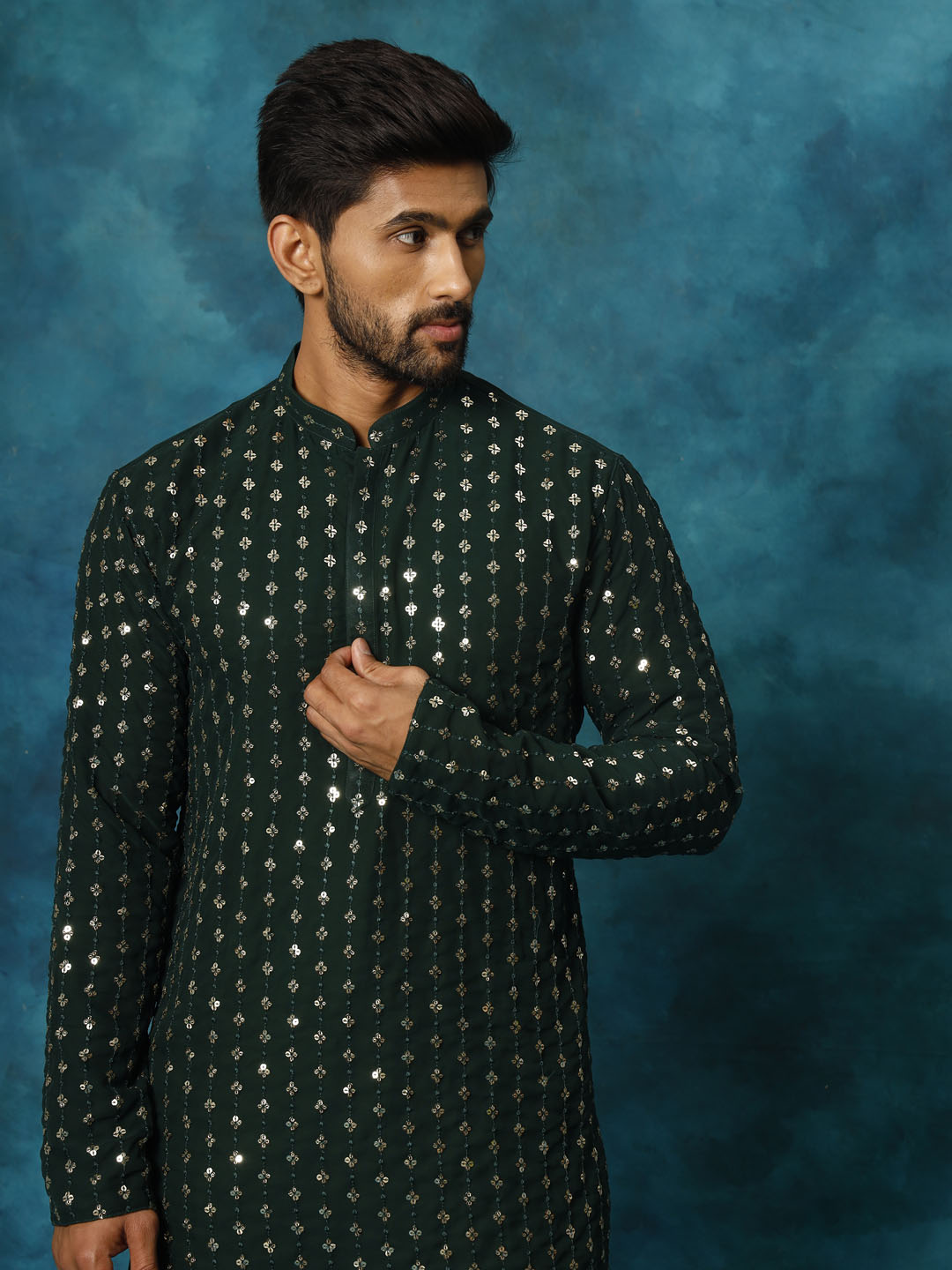 VM By VASTRAMAY Men's Green Georgette Sequins Kurta