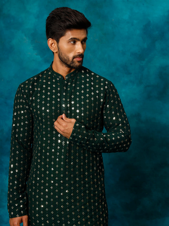 VM By VASTRAMAY Men's Green Georgette Sequins Kurta