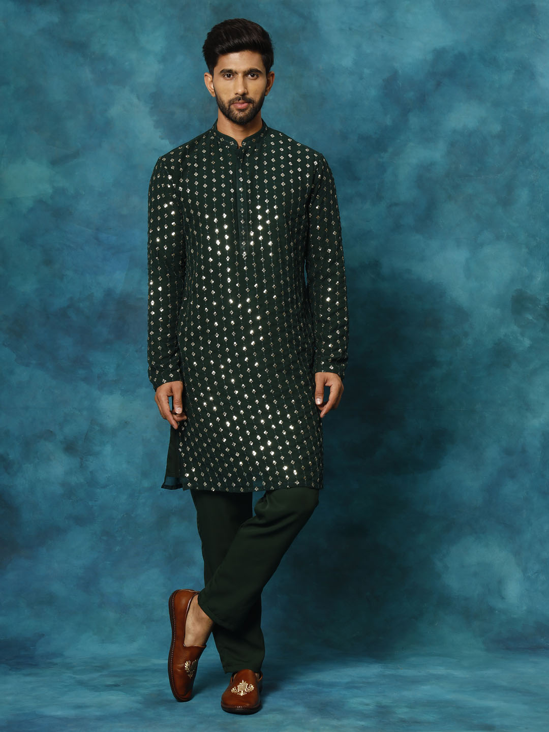 VM By VASTRAMAY Men's Green Georgette Sequins Kurta