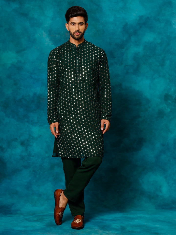 VM By VASTRAMAY Men's Green Georgette Sequins Kurta