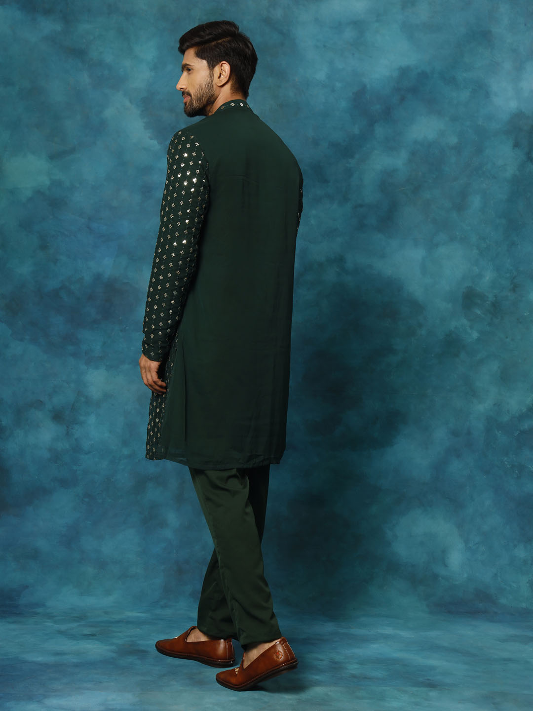 VM Men's Green Georgette Sequins Kurta Pyjama Set