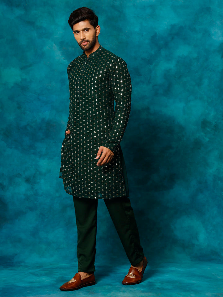 VM Men's Green Georgette Sequins Kurta Pyjama Set