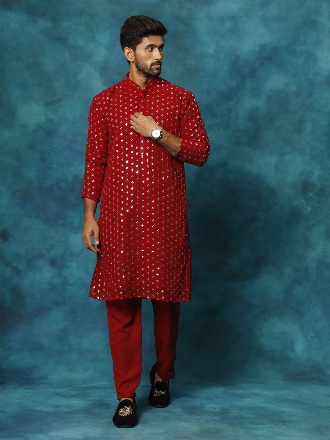 VM Men's Maroon Georgette Sequins Kurta Pyjama Set