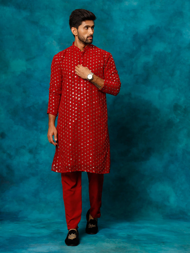 VM Men's Maroon Georgette Sequins Kurta Pyjama Set