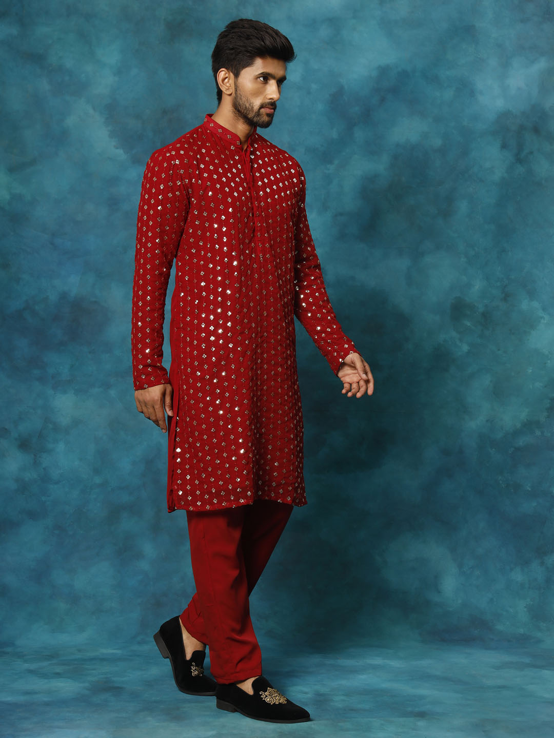 VM Men's Maroon Georgette Sequins Kurta Pyjama Set