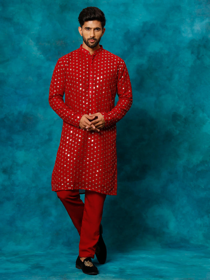 VM Men's Maroon Georgette Sequins Kurta Pyjama Set