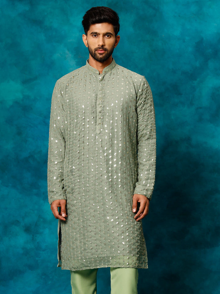 VM By VASTRAMAY Men's Mint Green Georgette Sequins  Kurta