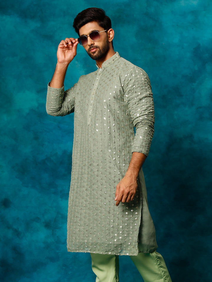 VM By VASTRAMAY Men's Mint Green Georgette Sequins  Kurta