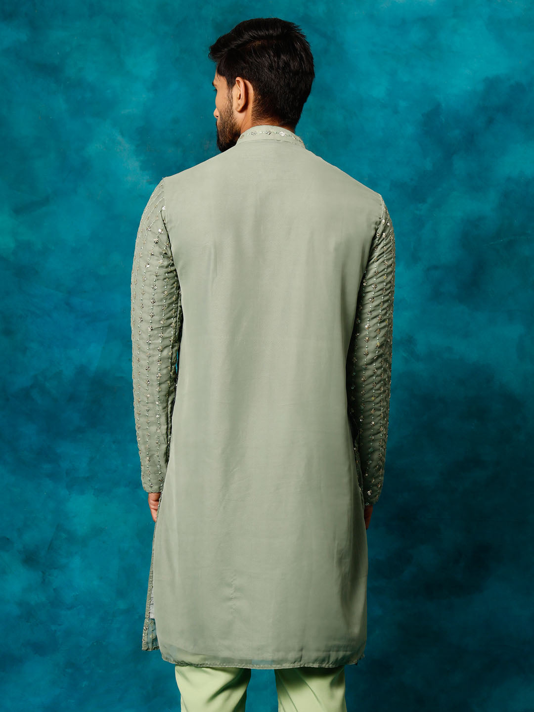 VM By VASTRAMAY Men's Mint Green Georgette Sequins  Kurta