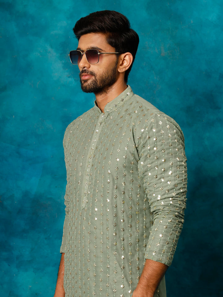 VM By VASTRAMAY Men's Mint Green Georgette Sequins  Kurta