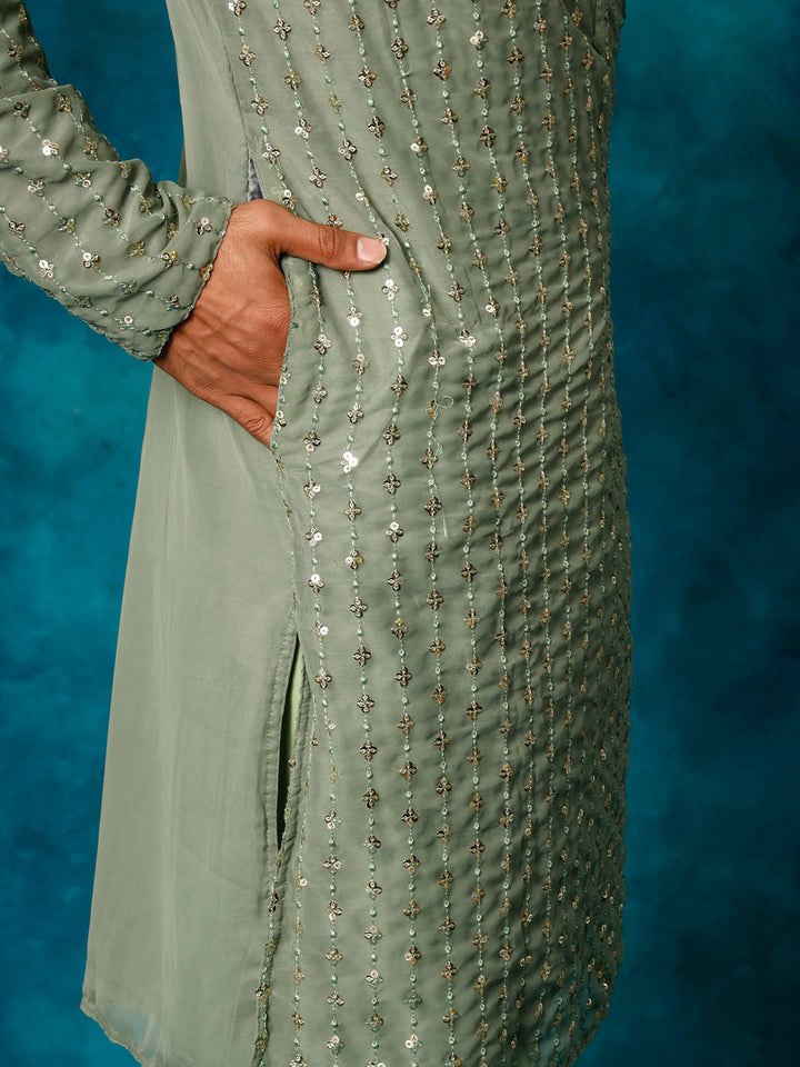 VM By VASTRAMAY Men's Mint Green Georgette Sequins  Kurta