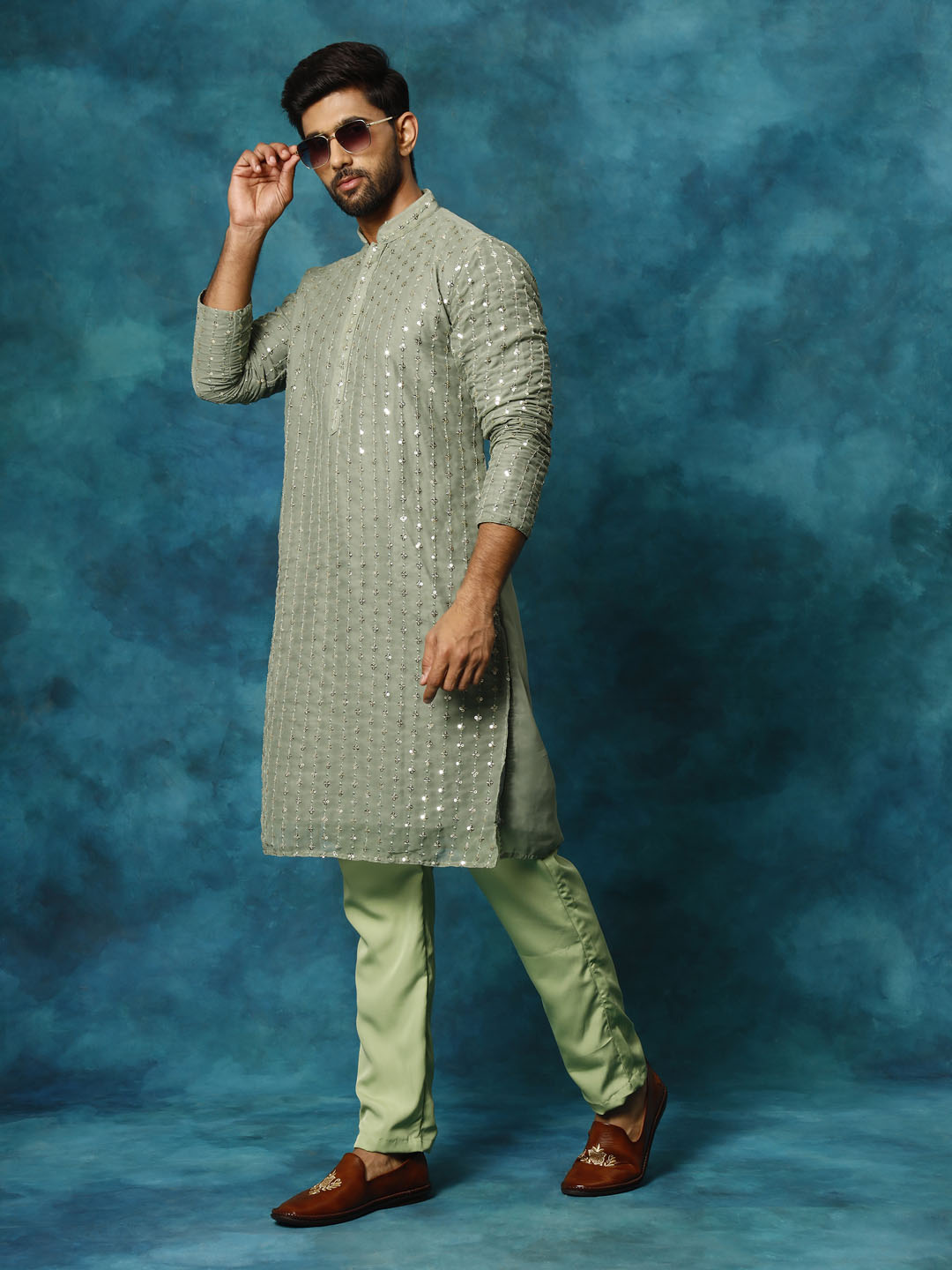 VM By VASTRAMAY Men's Mint Green Georgette Sequins  Kurta