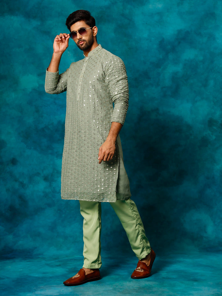 VM By VASTRAMAY Men's Mint Green Georgette Sequins  Kurta