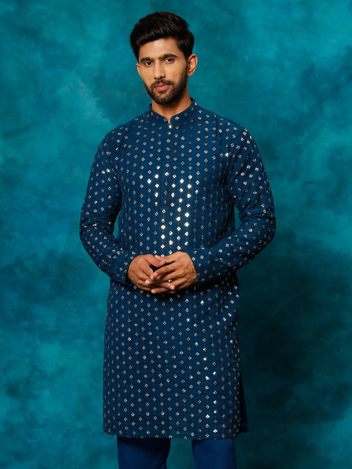 VM By VASTRAMAY Men's Navy Blue Georgette Sequins Kurta