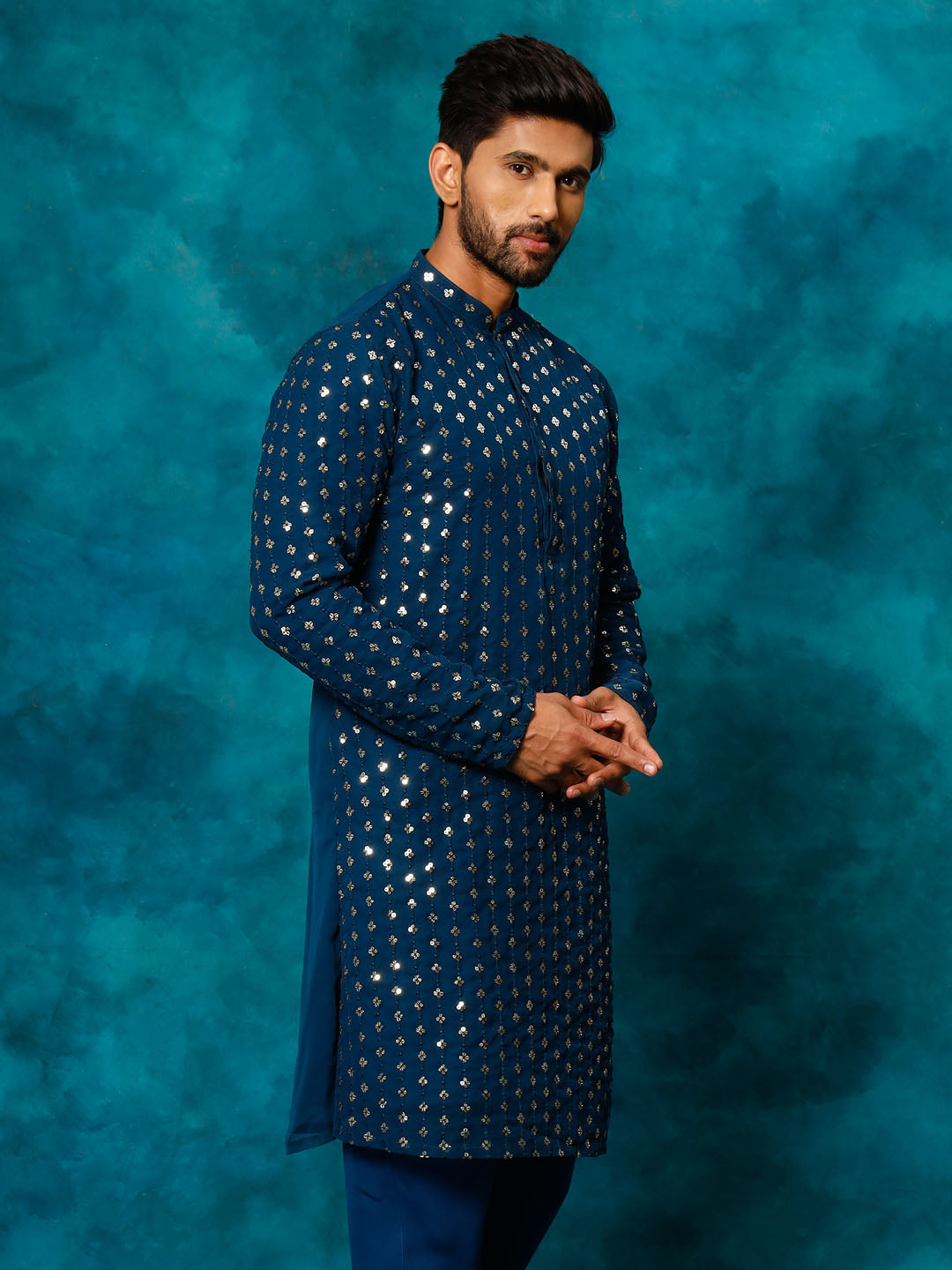 VM By VASTRAMAY Men's Navy Blue Georgette Sequins Kurta