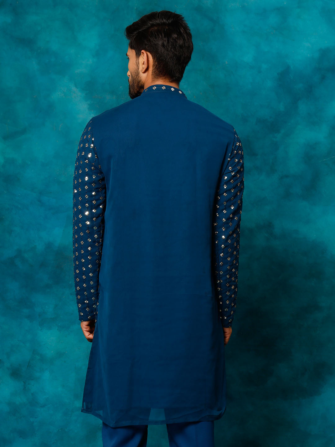 VM By VASTRAMAY Men's Navy Blue Georgette Sequins Kurta