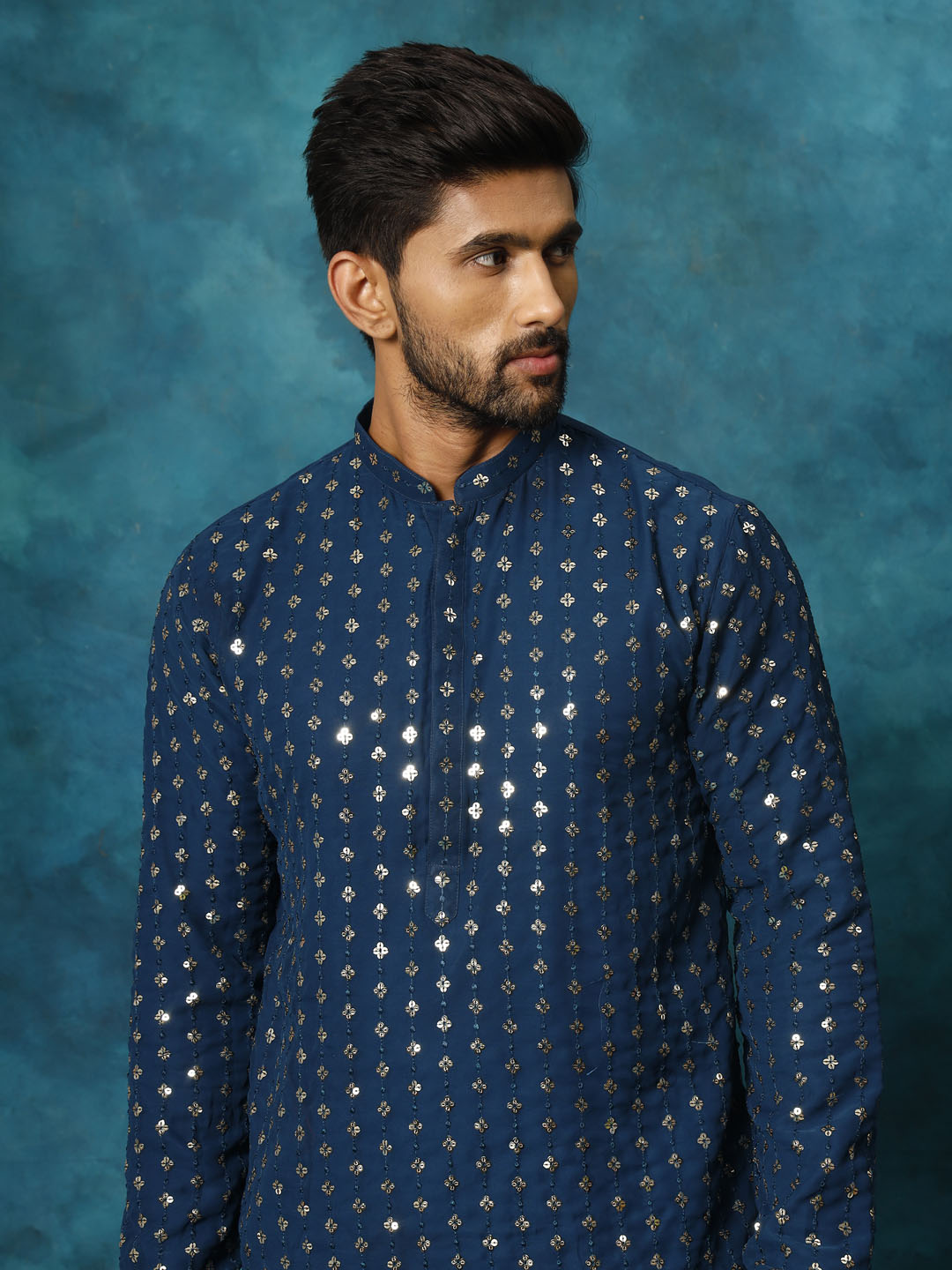 VM By VASTRAMAY Men's Navy Blue Georgette Sequins Kurta