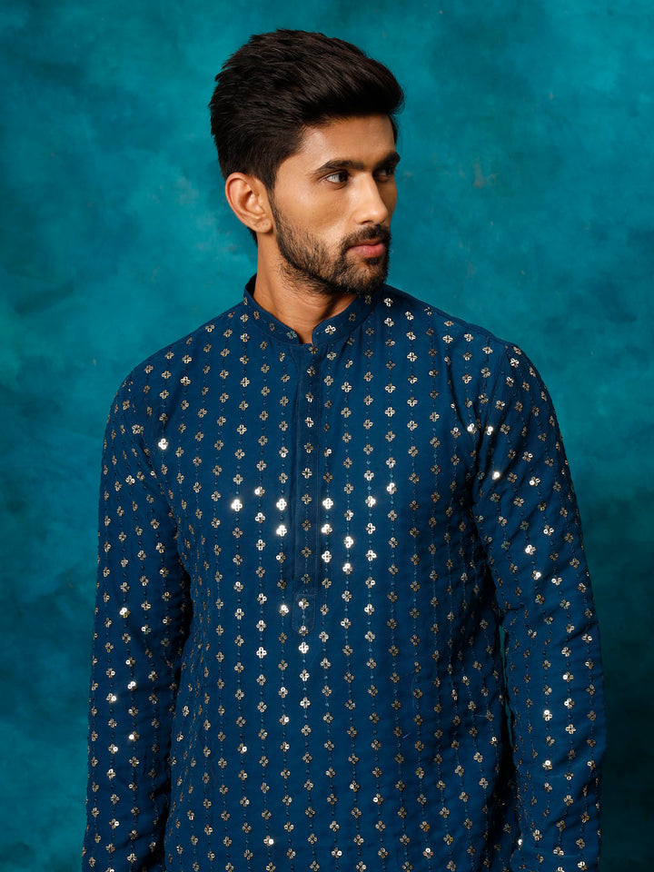 VM By VASTRAMAY Men's Navy Blue Georgette Sequins Kurta