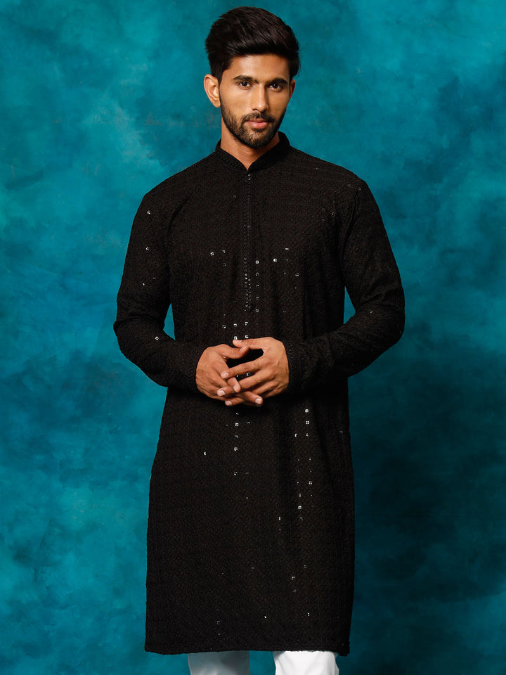 VM By VASTRAMAY Men's Black Rayon Schiffli Kurta