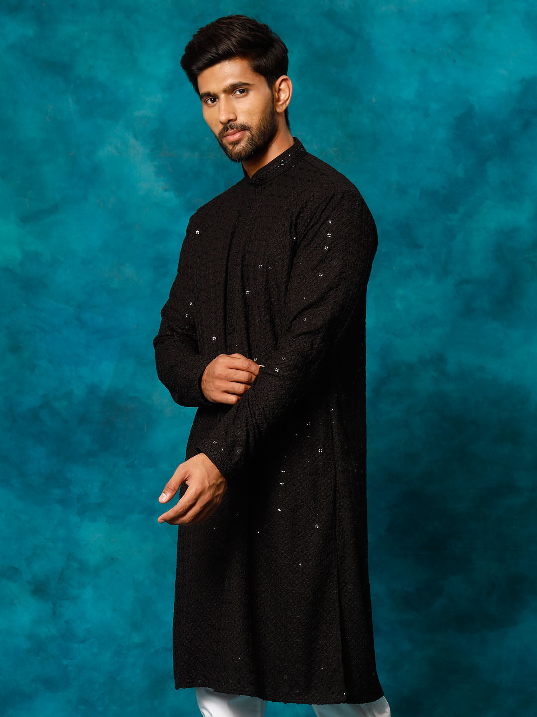 VM By VASTRAMAY Men's Black Rayon Schiffli Kurta