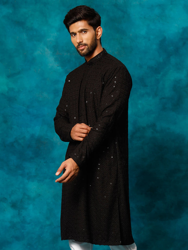 VM By VASTRAMAY Men's Black Rayon Schiffli Kurta