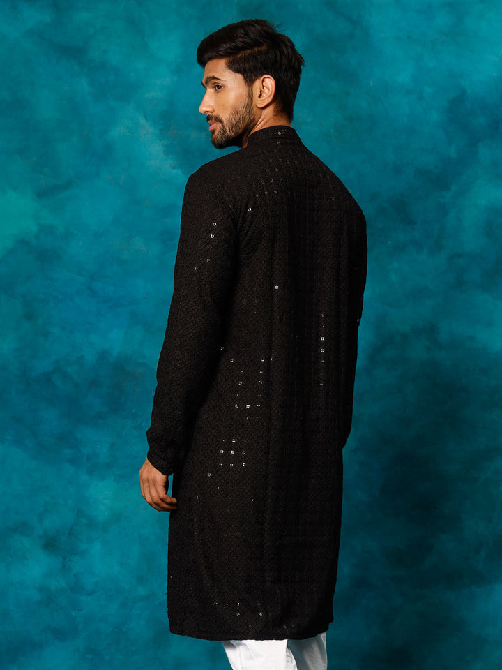 VM By VASTRAMAY Men's Black Rayon Schiffli Kurta