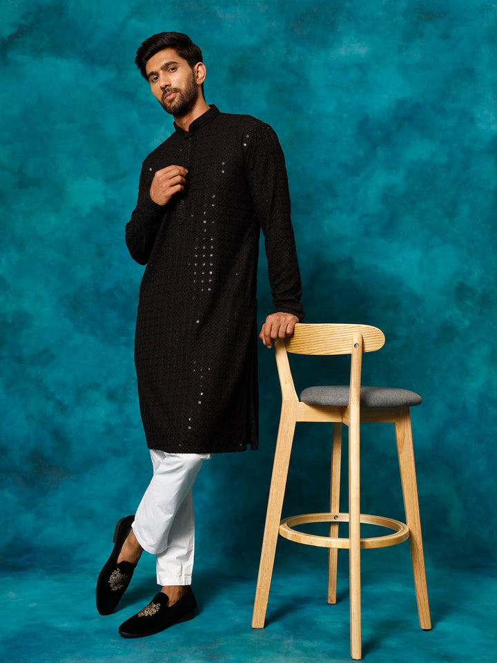 VM By VASTRAMAY Men's Black Rayon Schiffli Kurta And Pant Set