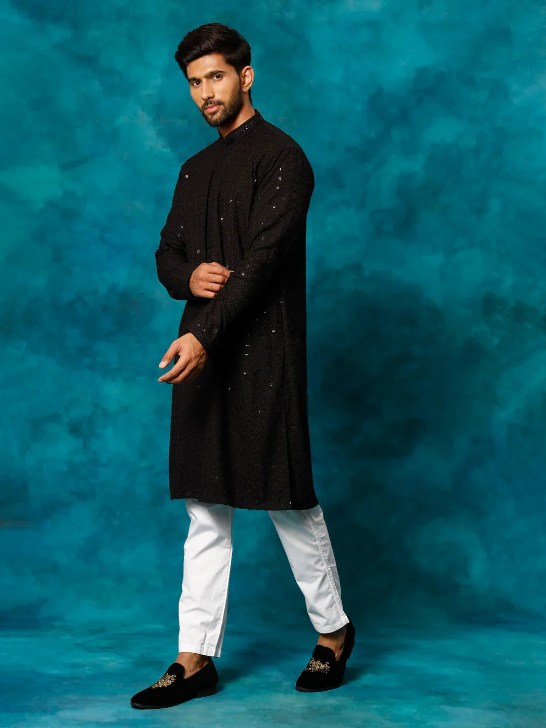 Men's Black Rayon Schiffli Kurta And Pant Set