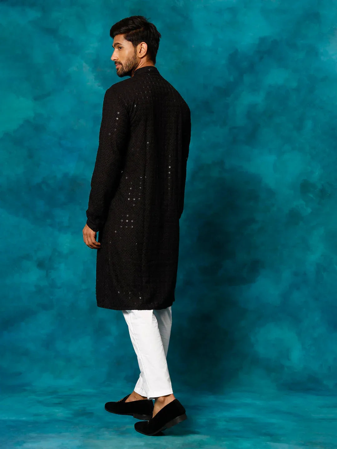 Men's Black Rayon Schiffli Kurta And Pant Set