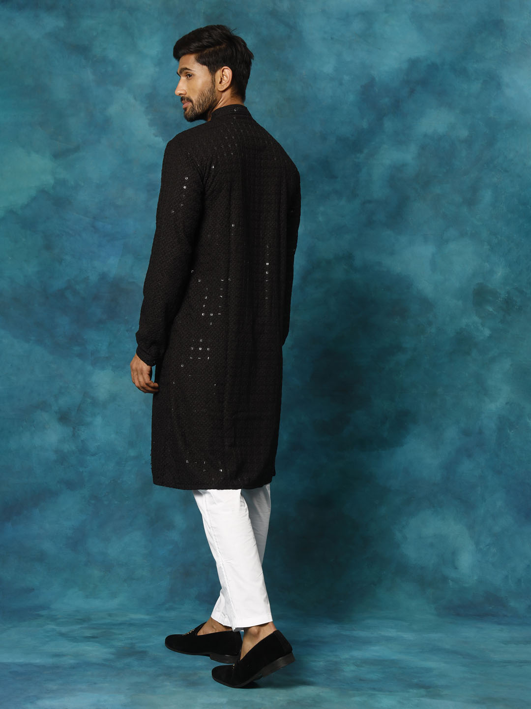 VM By VASTRAMAY Men's Black Rayon Schiffli Kurta And Pant Set