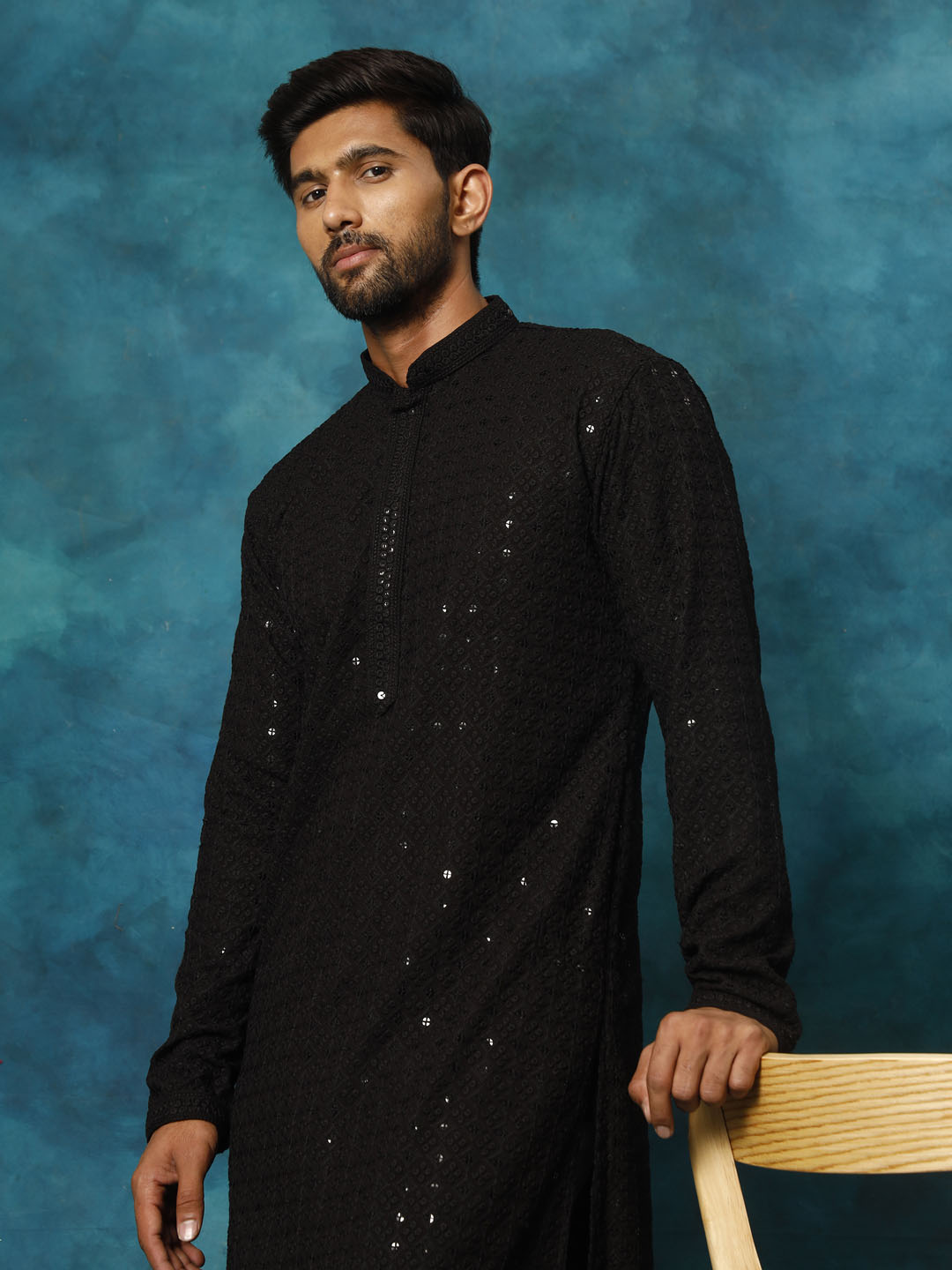 VM By VASTRAMAY Men's Black Rayon Schiffli Kurta And Pant Set